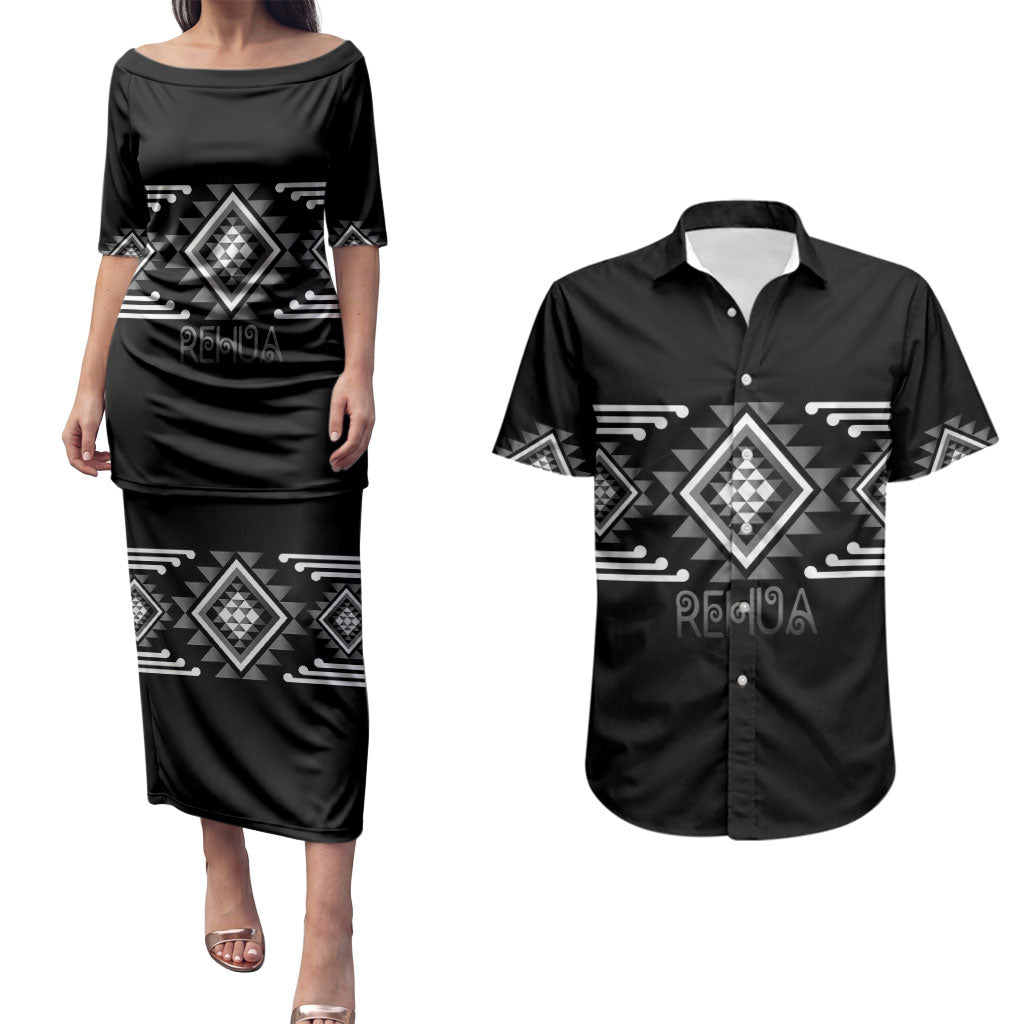 Aotearoa Atua Rehua Personalised Couples Matching Puletasi and Hawaiian Shirt Maori God Of Healing Taniko Motifs LT14 Grey - Polynesian Pride