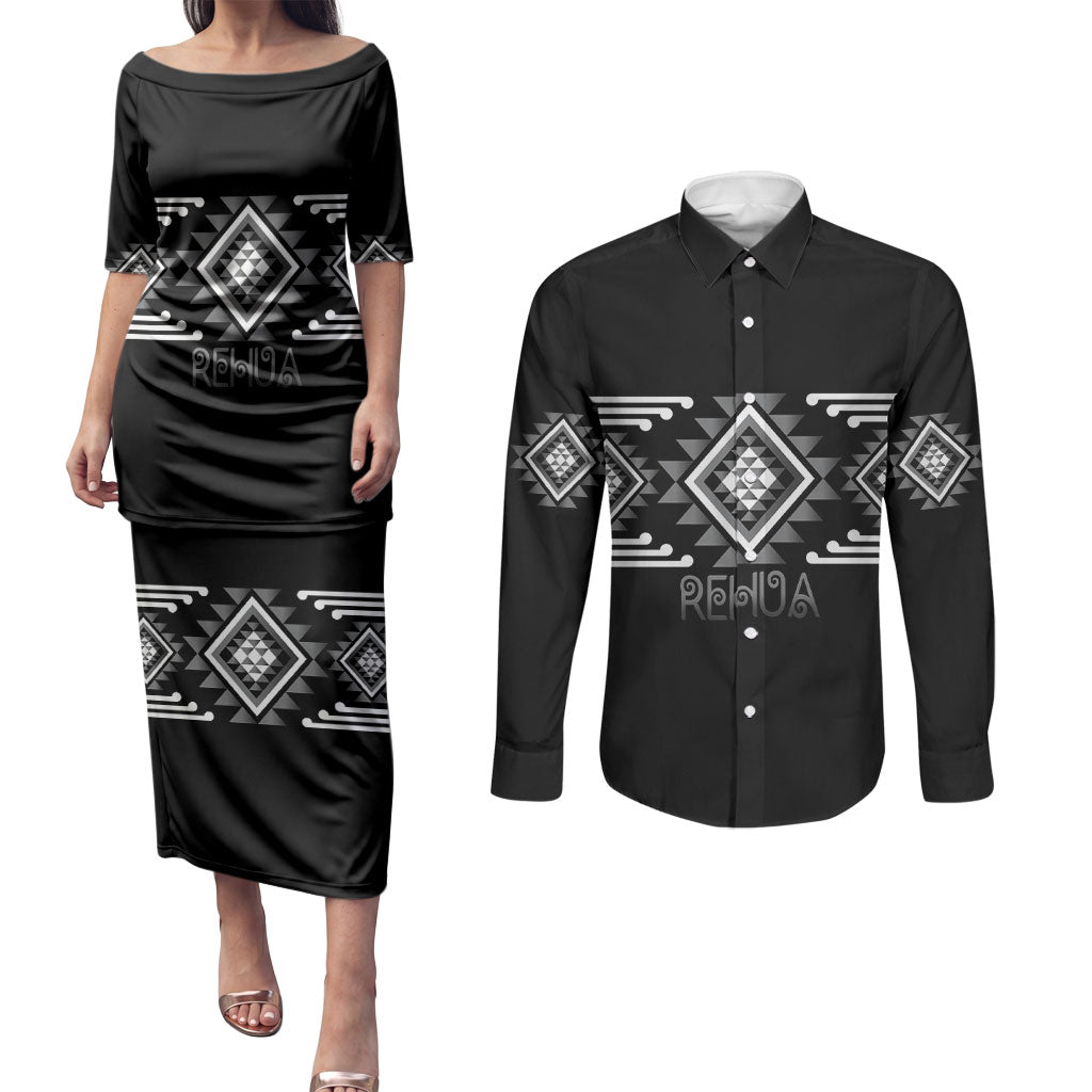 Aotearoa Atua Rehua Personalised Couples Matching Puletasi and Long Sleeve Button Shirt Maori God Of Healing Taniko Motifs LT14 Grey - Polynesian Pride
