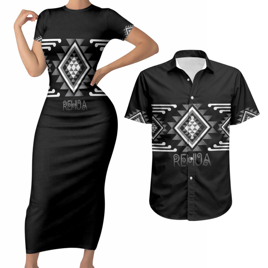 Aotearoa Atua Rehua Personalised Couples Matching Short Sleeve Bodycon Dress and Hawaiian Shirt Maori God Of Healing Taniko Motifs LT14 Grey - Polynesian Pride