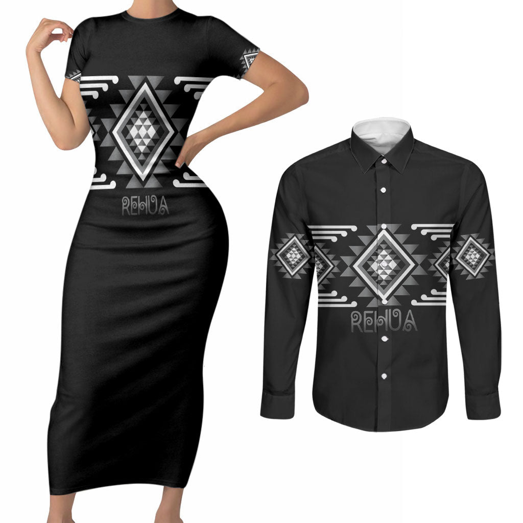 Aotearoa Atua Rehua Personalised Couples Matching Short Sleeve Bodycon Dress and Long Sleeve Button Shirt Maori God Of Healing Taniko Motifs LT14 Grey - Polynesian Pride