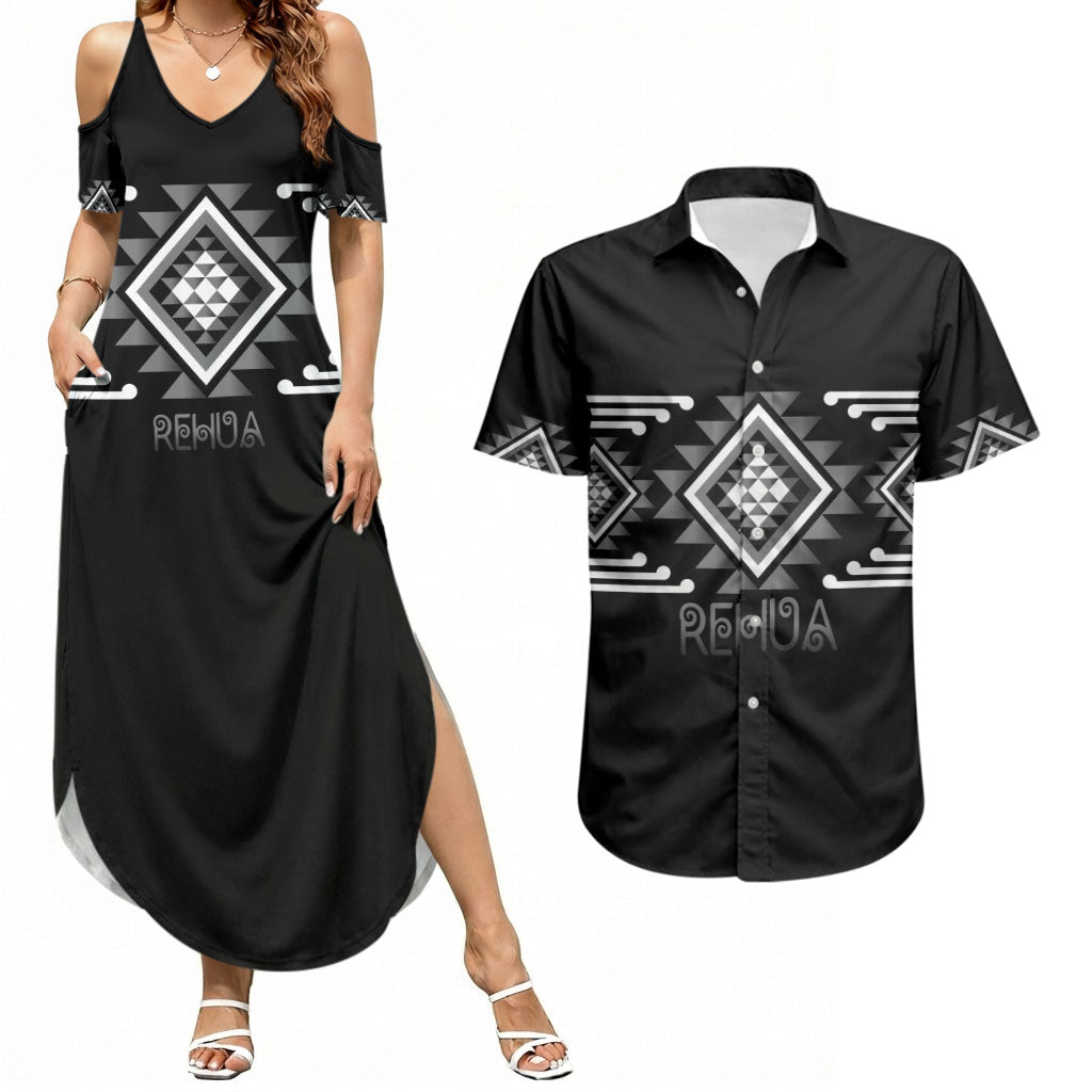 Aotearoa Atua Rehua Personalised Couples Matching Summer Maxi Dress and Hawaiian Shirt Maori God Of Healing Taniko Motifs LT14 Grey - Polynesian Pride