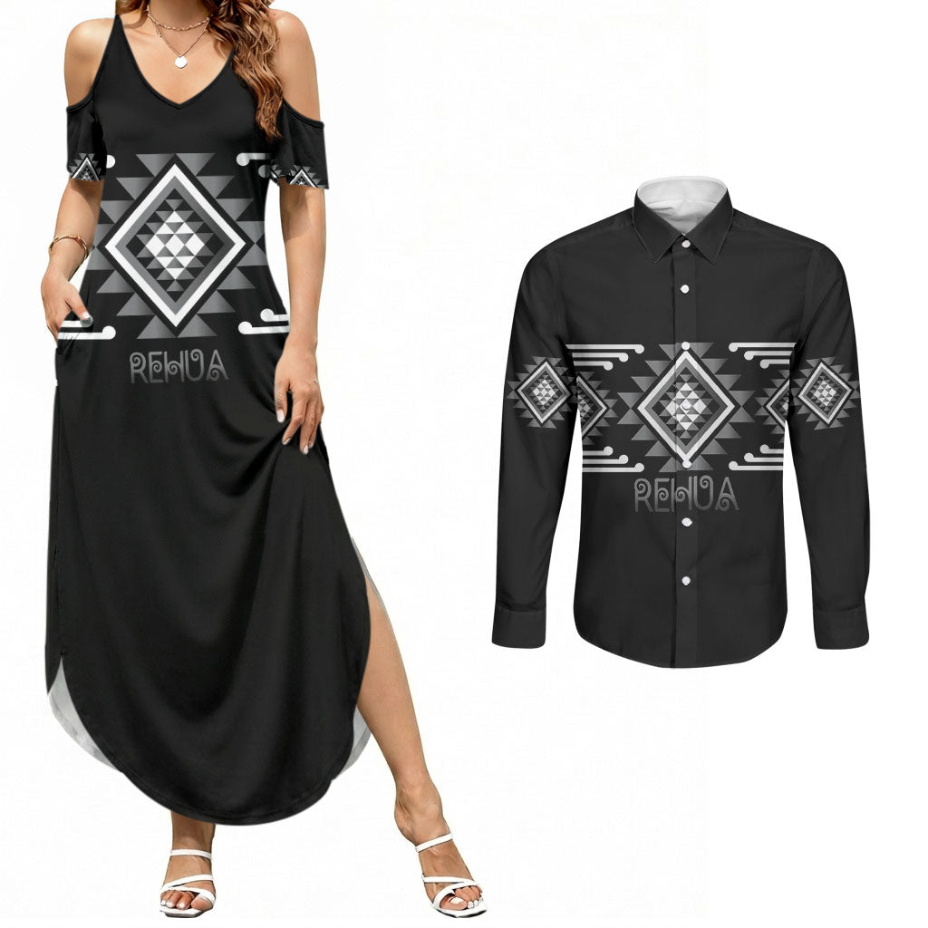 Aotearoa Atua Rehua Personalised Couples Matching Summer Maxi Dress and Long Sleeve Button Shirt Maori God Of Healing Taniko Motifs LT14 Grey - Polynesian Pride