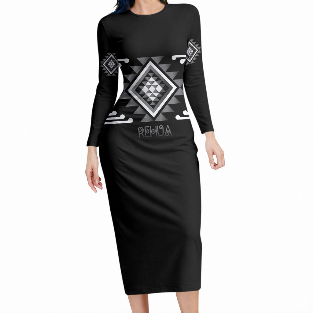 Aotearoa Atua Rehua Personalised Long Sleeve Bodycon Dress Maori God Of Healing Taniko Motifs LT14 Long Dress Grey - Polynesian Pride
