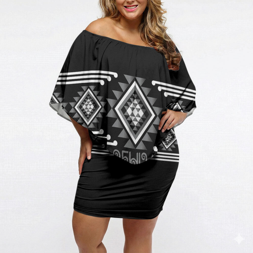 Aotearoa Atua Rehua Personalised Off Shoulder Short Dress Maori God Of Healing Taniko Motifs LT14 Women Grey - Polynesian Pride