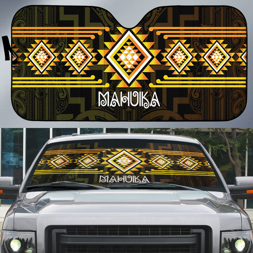 Aotearoa Atua Mahuika Auto Sun Shade Maori Goddess Of Fire Taniko Motifs LT14 Yellow - Polynesian Pride