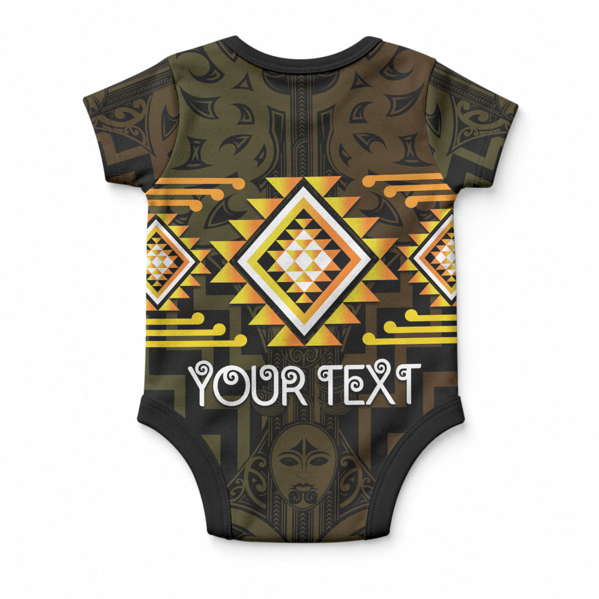 Aotearoa Atua Mahuika Personalised Baby Onesie Maori Goddess Of Fire Taniko Motifs