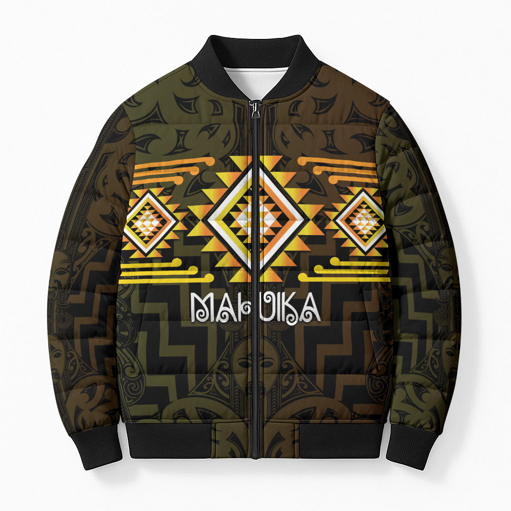Aotearoa Atua Mahuika Personalised Bomber Puffer Jacket Maori Goddess Of Fire Taniko Motifs LT14 Unisex Yellow - Polynesian Pride