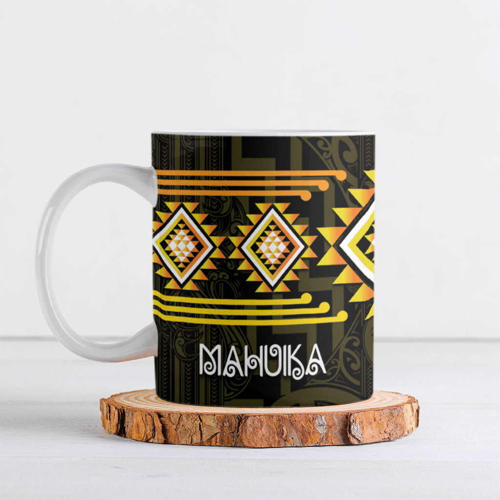 Aotearoa Atua Mahuika Personalised Ceramic Mug Maori Goddess Of Fire Taniko Motifs LT14 Yellow - Polynesian Pride