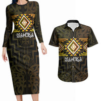 Aotearoa Atua Mahuika Personalised Couples Matching Long Sleeve Bodycon Dress and Hawaiian Shirt Maori Goddess Of Fire Taniko Motifs LT14 Yellow - Polynesian Pride