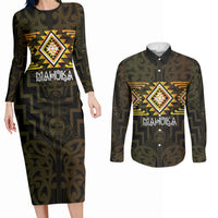 Aotearoa Atua Mahuika Personalised Couples Matching Long Sleeve Bodycon Dress and Long Sleeve Button Shirt Maori Goddess Of Fire Taniko Motifs LT14 Yellow - Polynesian Pride