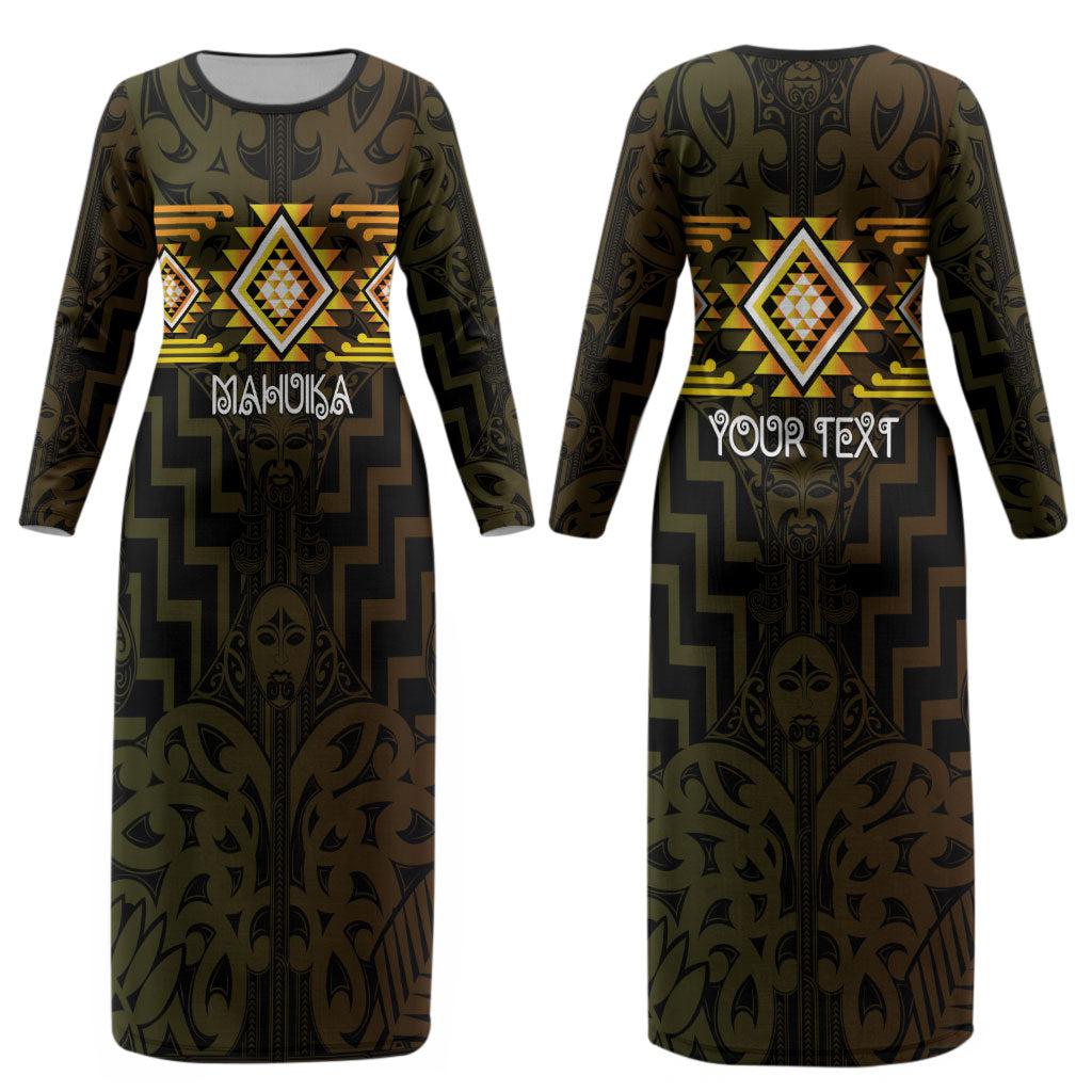 Aotearoa Atua Mahuika Personalised Couples Matching Long Sleeve Bodycon Dress and Long Sleeve Button Shirt Maori Goddess Of Fire Taniko Motifs LT14 - Polynesian Pride