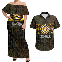 Aotearoa Atua Mahuika Personalised Couples Matching Off Shoulder Maxi Dress and Hawaiian Shirt Maori Goddess Of Fire Taniko Motifs LT14 Yellow - Polynesian Pride