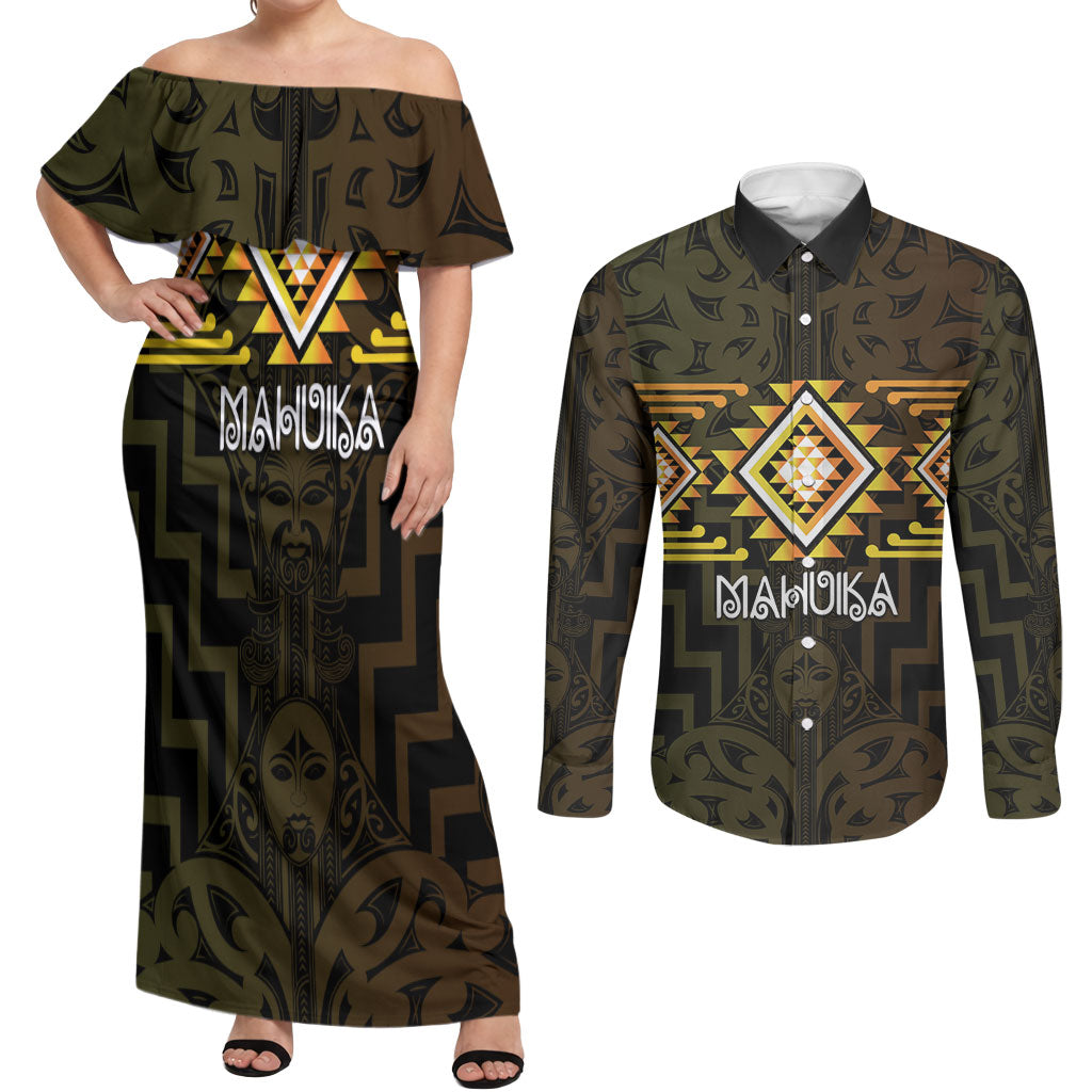 Aotearoa Atua Mahuika Personalised Couples Matching Off Shoulder Maxi Dress and Long Sleeve Button Shirt Maori Goddess Of Fire Taniko Motifs LT14 Yellow - Polynesian Pride