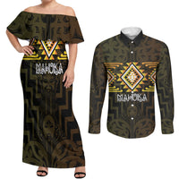 Aotearoa Atua Mahuika Personalised Couples Matching Off Shoulder Maxi Dress and Long Sleeve Button Shirt Maori Goddess Of Fire Taniko Motifs LT14 Yellow - Polynesian Pride