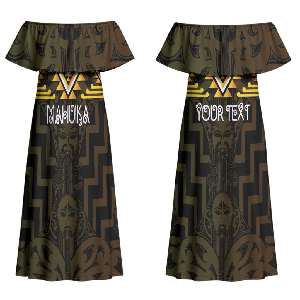 Aotearoa Atua Mahuika Personalised Couples Matching Off Shoulder Maxi Dress and Long Sleeve Button Shirt Maori Goddess Of Fire Taniko Motifs LT14 - Polynesian Pride