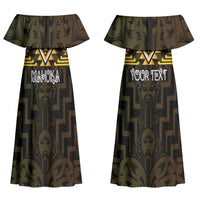 Aotearoa Atua Mahuika Personalised Couples Matching Off Shoulder Maxi Dress and Long Sleeve Button Shirt Maori Goddess Of Fire Taniko Motifs LT14 - Polynesian Pride