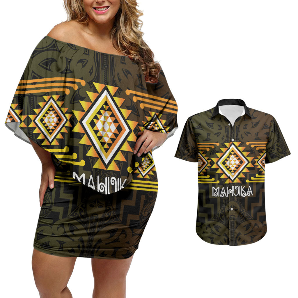 Aotearoa Atua Mahuika Personalised Couples Matching Off Shoulder Short Dress and Hawaiian Shirt Maori Goddess Of Fire Taniko Motifs LT14 Yellow - Polynesian Pride