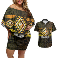 Aotearoa Atua Mahuika Personalised Couples Matching Off Shoulder Short Dress and Hawaiian Shirt Maori Goddess Of Fire Taniko Motifs LT14 Yellow - Polynesian Pride