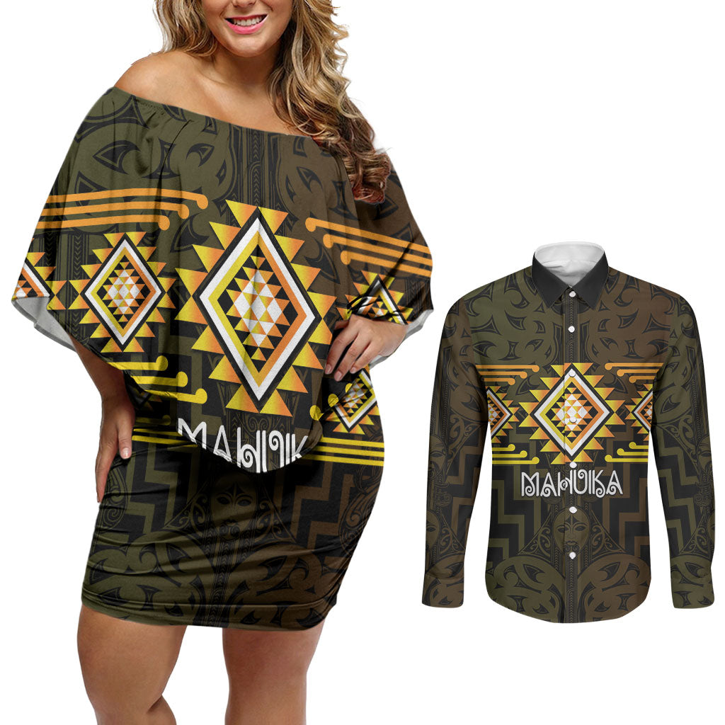 Aotearoa Atua Mahuika Personalised Couples Matching Off Shoulder Short Dress and Long Sleeve Button Shirt Maori Goddess Of Fire Taniko Motifs LT14 Yellow - Polynesian Pride