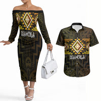 Aotearoa Atua Mahuika Personalised Couples Matching Off The Shoulder Long Sleeve Dress and Hawaiian Shirt Maori Goddess Of Fire Taniko Motifs LT14 Yellow - Polynesian Pride