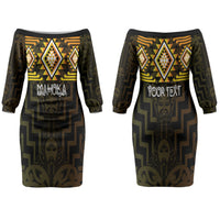 Aotearoa Atua Mahuika Personalised Couples Matching Off The Shoulder Long Sleeve Dress and Hawaiian Shirt Maori Goddess Of Fire Taniko Motifs LT14 - Polynesian Pride