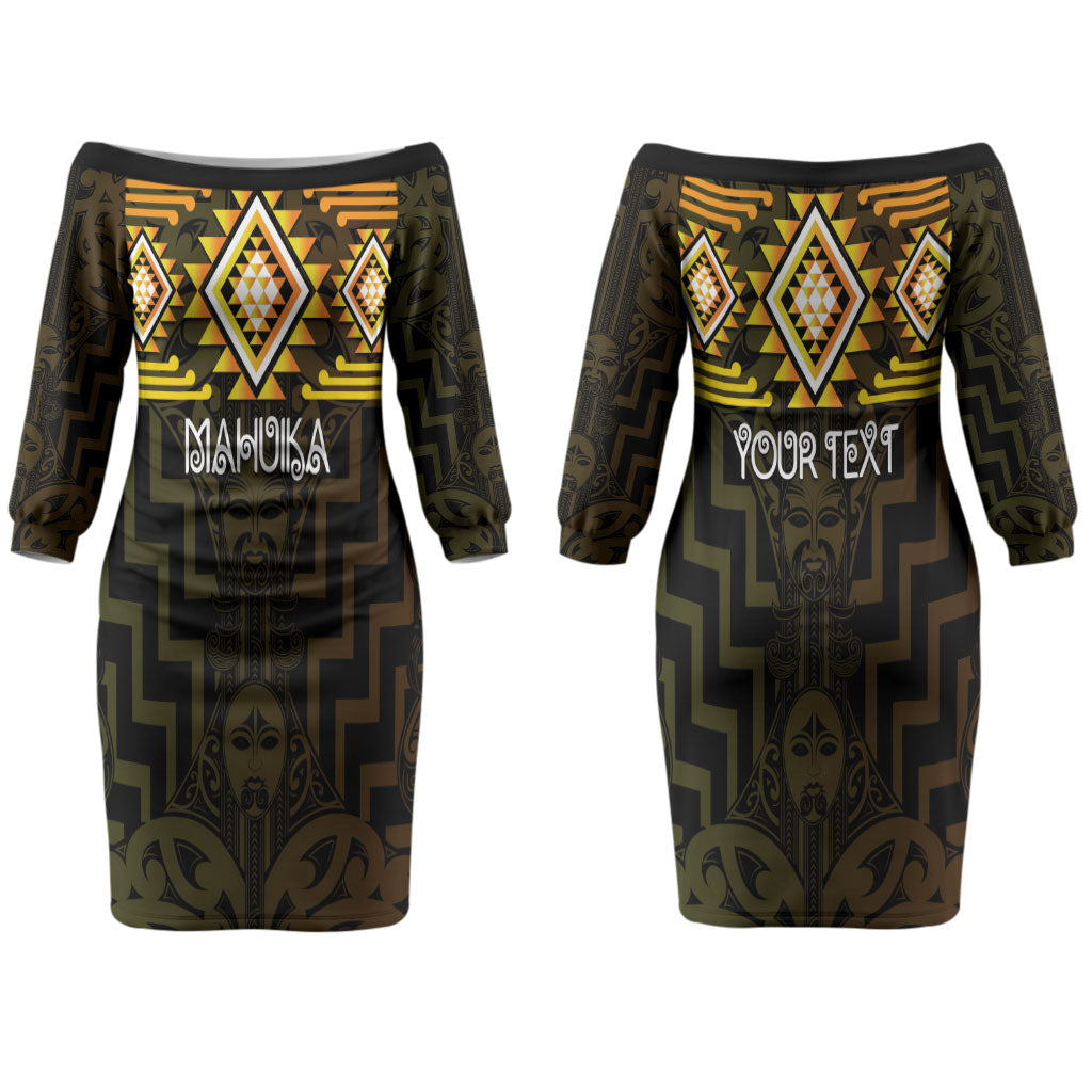 Aotearoa Atua Mahuika Personalised Couples Matching Off The Shoulder Long Sleeve Dress and Long Sleeve Button Shirt Maori Goddess Of Fire Taniko Motifs LT14 - Polynesian Pride