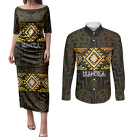 Aotearoa Atua Mahuika Personalised Couples Matching Puletasi and Long Sleeve Button Shirt Maori Goddess Of Fire Taniko Motifs LT14 Yellow - Polynesian Pride
