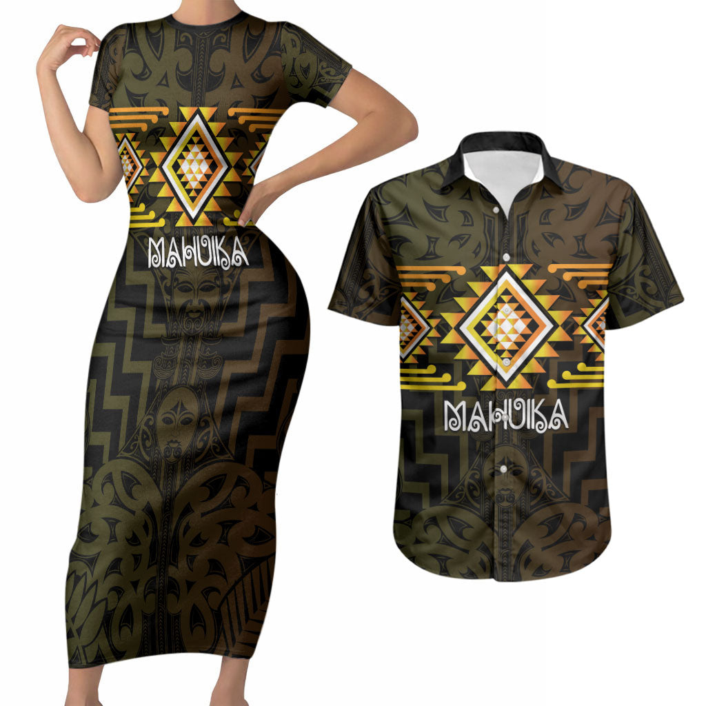 Aotearoa Atua Mahuika Personalised Couples Matching Short Sleeve Bodycon Dress and Hawaiian Shirt Maori Goddess Of Fire Taniko Motifs LT14 Yellow - Polynesian Pride