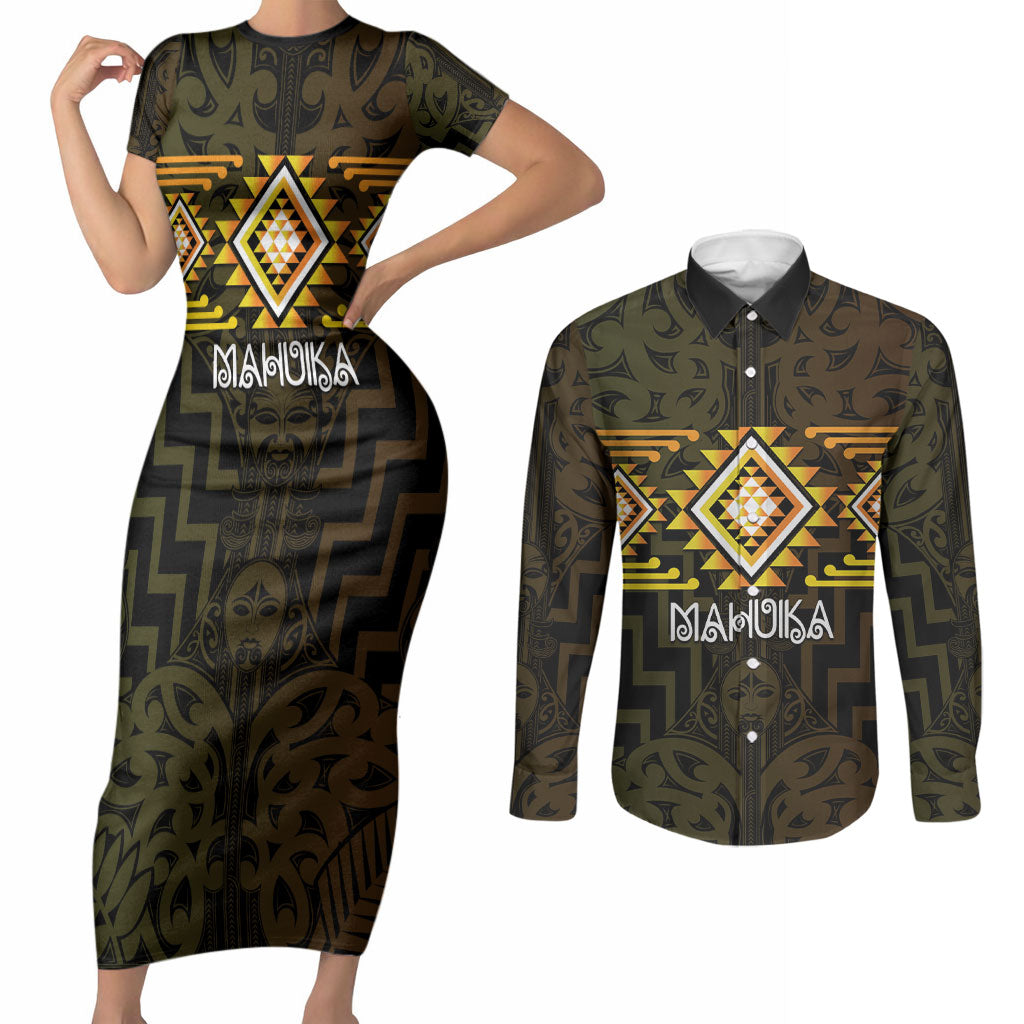 Aotearoa Atua Mahuika Personalised Couples Matching Short Sleeve Bodycon Dress and Long Sleeve Button Shirt Maori Goddess Of Fire Taniko Motifs LT14 Yellow - Polynesian Pride