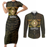 Aotearoa Atua Mahuika Personalised Couples Matching Short Sleeve Bodycon Dress and Long Sleeve Button Shirt Maori Goddess Of Fire Taniko Motifs LT14 Yellow - Polynesian Pride