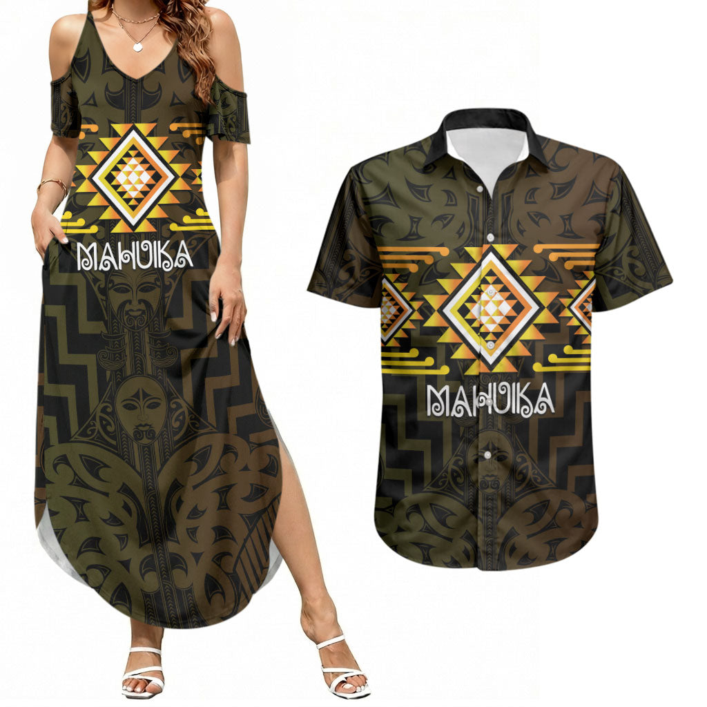 Aotearoa Atua Mahuika Personalised Couples Matching Summer Maxi Dress and Hawaiian Shirt Maori Goddess Of Fire Taniko Motifs LT14 Yellow - Polynesian Pride