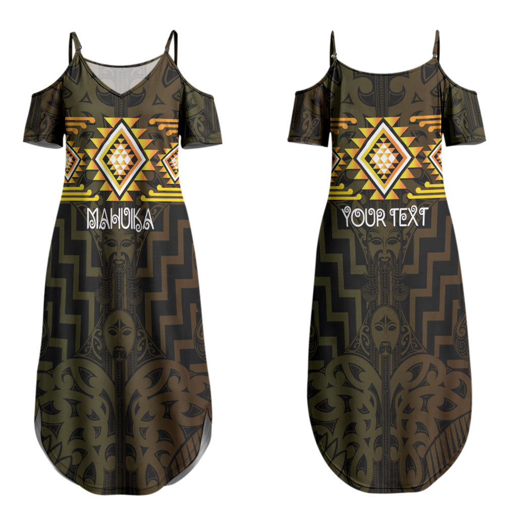 Aotearoa Atua Mahuika Personalised Couples Matching Summer Maxi Dress and Long Sleeve Button Shirt Maori Goddess Of Fire Taniko Motifs LT14 - Polynesian Pride
