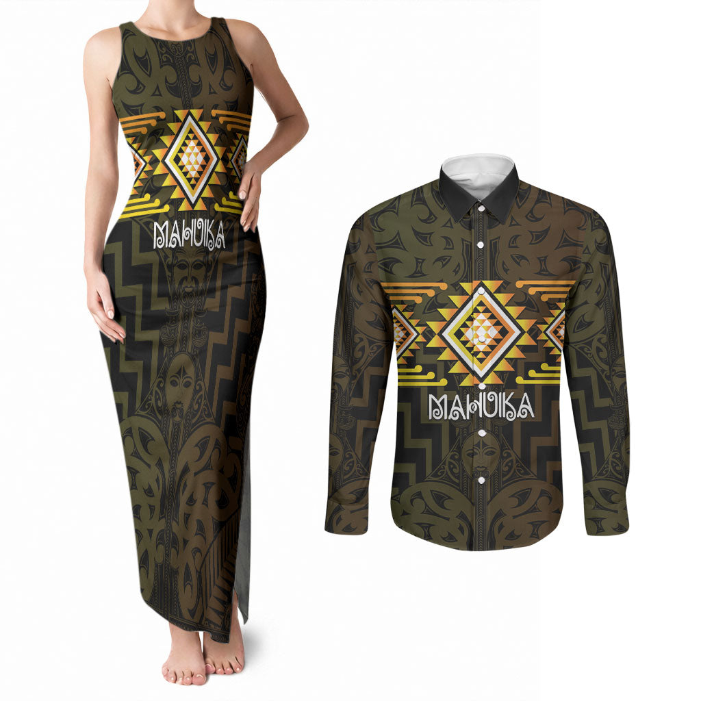 Aotearoa Atua Mahuika Personalised Couples Matching Tank Maxi Dress and Long Sleeve Button Shirt Maori Goddess Of Fire Taniko Motifs LT14 Yellow - Polynesian Pride