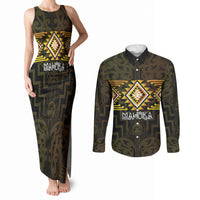 Aotearoa Atua Mahuika Personalised Couples Matching Tank Maxi Dress and Long Sleeve Button Shirt Maori Goddess Of Fire Taniko Motifs LT14 Yellow - Polynesian Pride