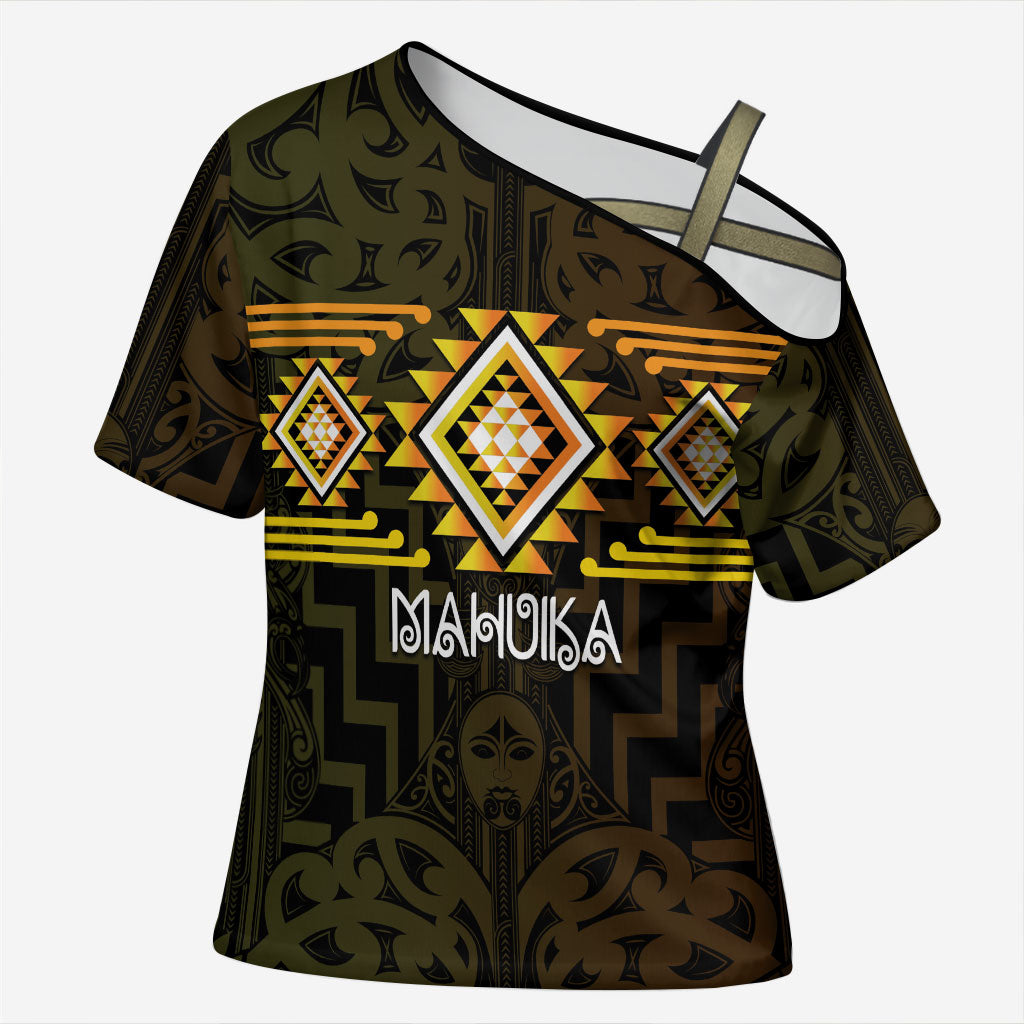 Aotearoa Atua Mahuika Personalised Cross Shoulder Shirt Maori Goddess Of Fire Taniko Motifs LT14 Female Yellow - Polynesian Pride
