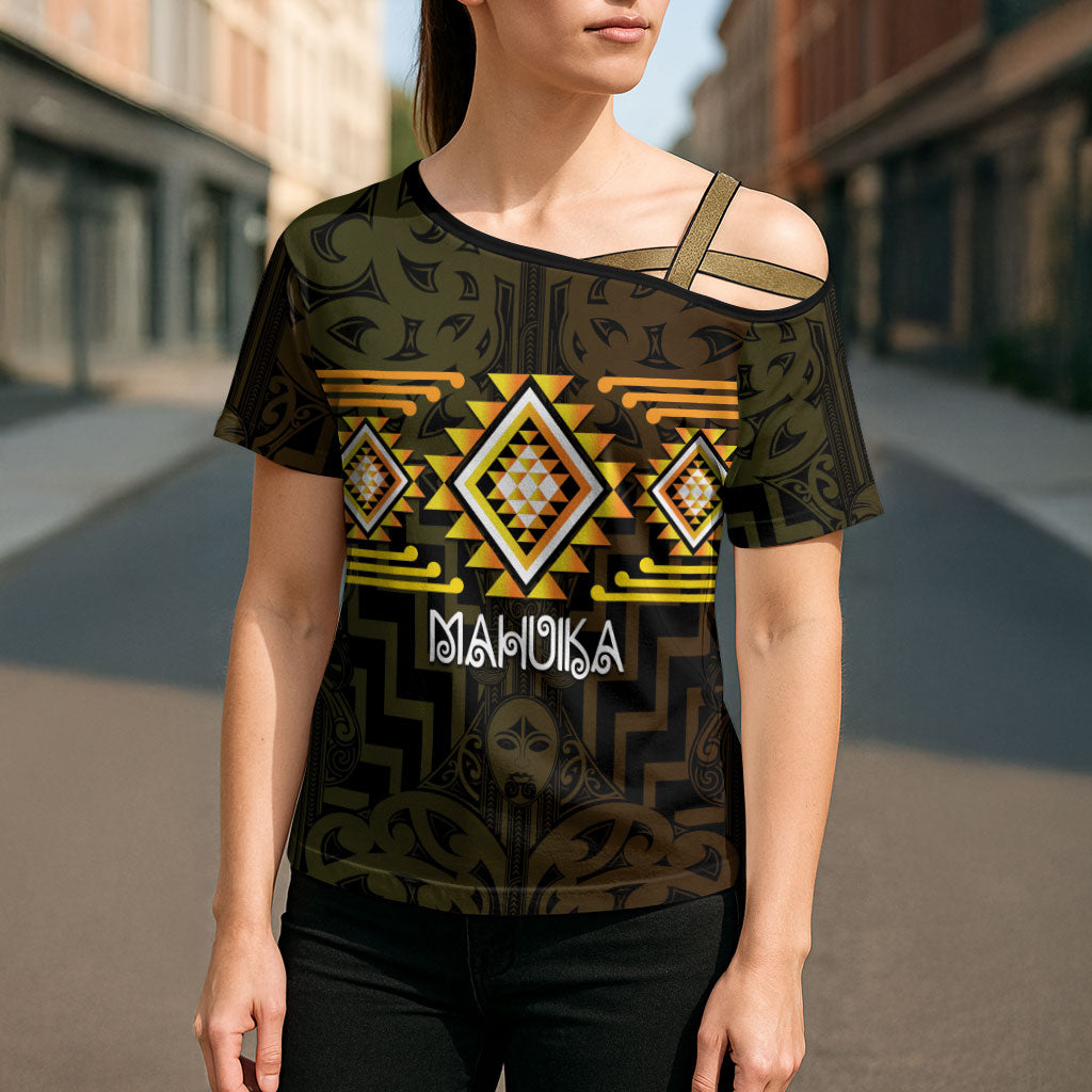 Aotearoa Atua Mahuika Personalised Cross Shoulder Shirt Maori Goddess Of Fire Taniko Motifs LT14 - Polynesian Pride
