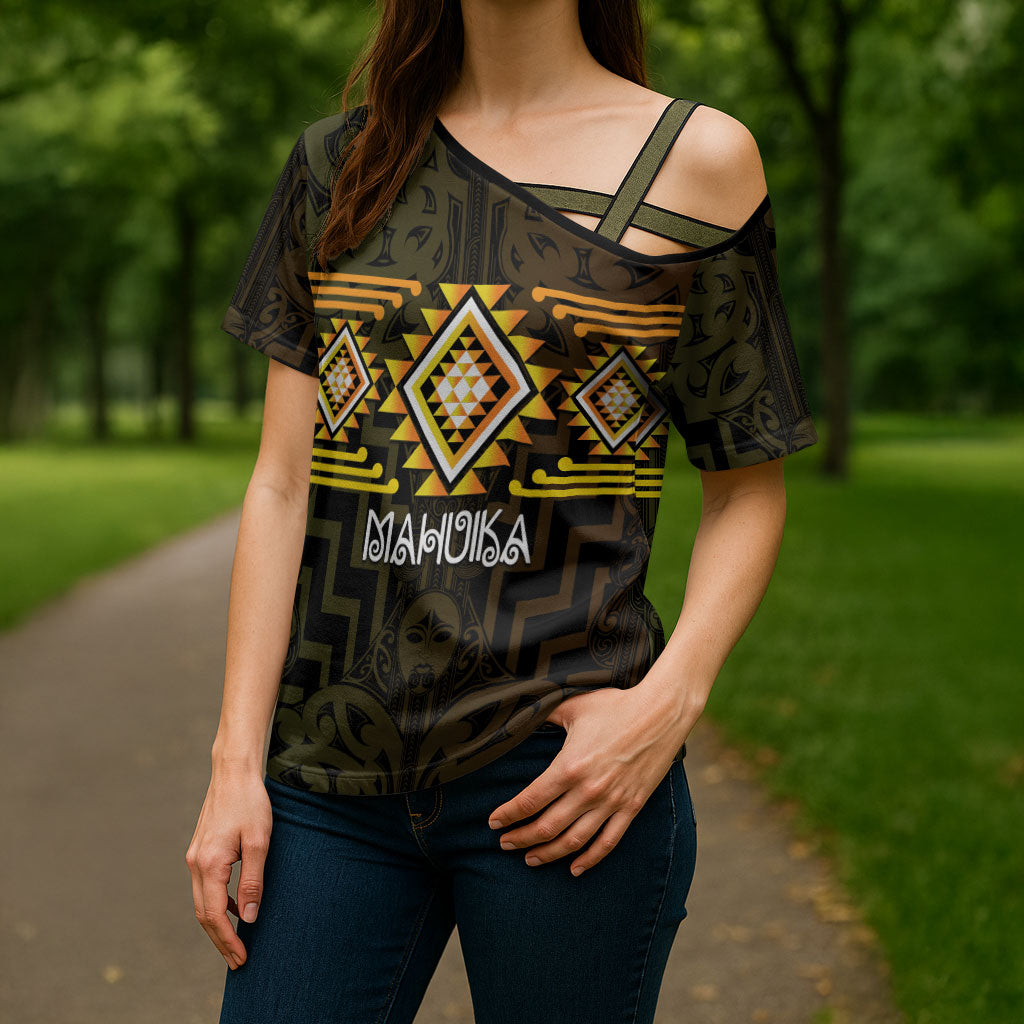 Aotearoa Atua Mahuika Personalised Cross Shoulder Shirt Maori Goddess Of Fire Taniko Motifs LT14 - Polynesian Pride