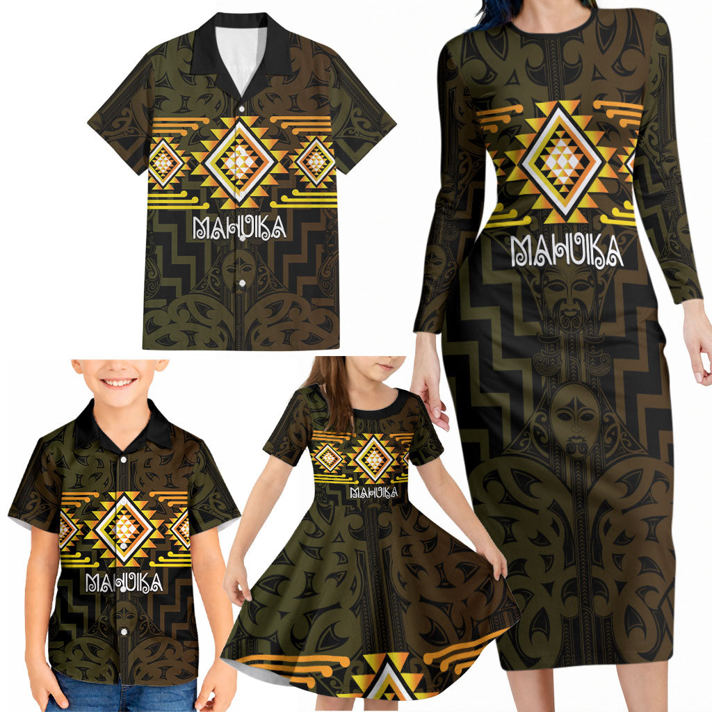 Aotearoa Atua Mahuika Personalised Family Matching Long Sleeve Bodycon Dress and Hawaiian Shirt Maori Goddess Of Fire Taniko Motifs LT14 - Polynesian Pride