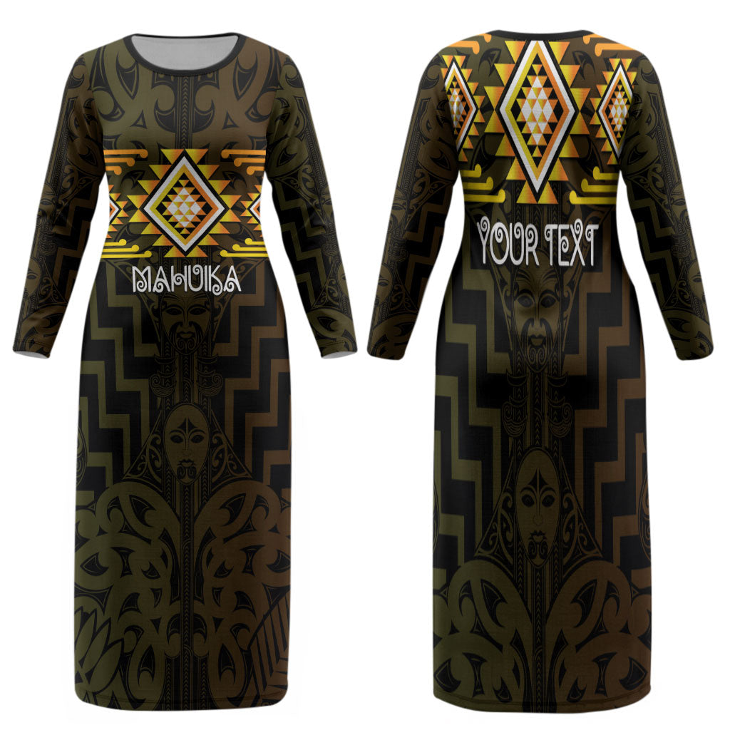 Aotearoa Atua Mahuika Personalised Family Matching Long Sleeve Bodycon Dress and Hawaiian Shirt Maori Goddess Of Fire Taniko Motifs LT14 Mom's Dress Yellow - Polynesian Pride