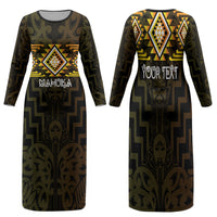 Aotearoa Atua Mahuika Personalised Family Matching Long Sleeve Bodycon Dress and Hawaiian Shirt Maori Goddess Of Fire Taniko Motifs LT14 Mom's Dress Yellow - Polynesian Pride