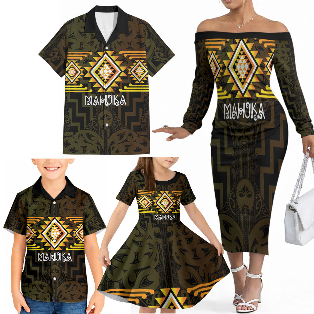 Aotearoa Atua Mahuika Personalised Family Matching Off The Shoulder Long Sleeve Dress and Hawaiian Shirt Maori Goddess Of Fire Taniko Motifs LT14 - Polynesian Pride