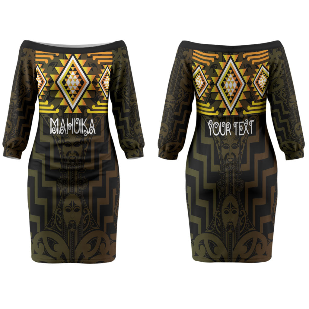 Aotearoa Atua Mahuika Personalised Family Matching Off The Shoulder Long Sleeve Dress and Hawaiian Shirt Maori Goddess Of Fire Taniko Motifs LT14 Mom's Dress Yellow - Polynesian Pride