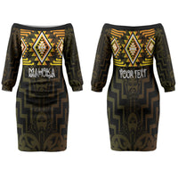 Aotearoa Atua Mahuika Personalised Family Matching Off The Shoulder Long Sleeve Dress and Hawaiian Shirt Maori Goddess Of Fire Taniko Motifs LT14 Mom's Dress Yellow - Polynesian Pride