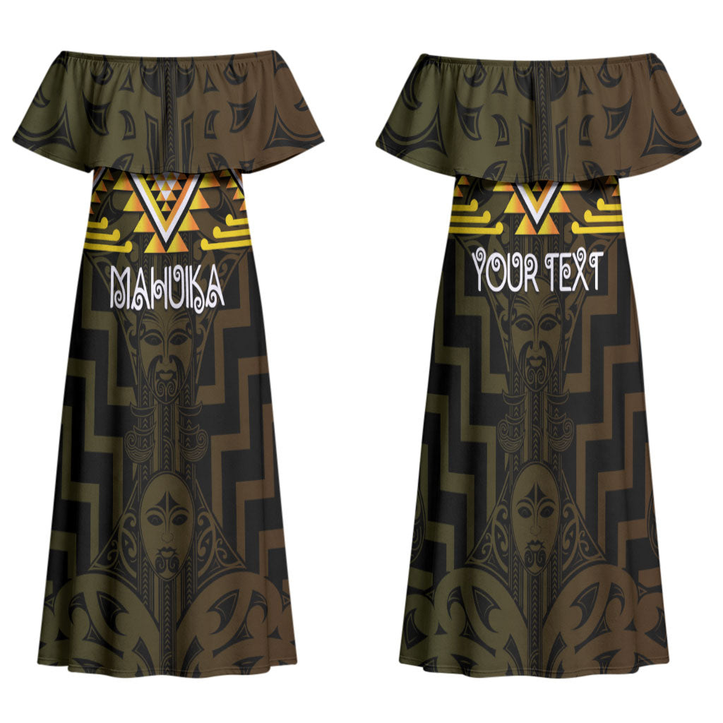 Aotearoa Atua Mahuika Personalised Family Matching Off Shoulder Maxi Dress and Hawaiian Shirt Maori Goddess Of Fire Taniko Motifs LT14 Mom's Dress Yellow - Polynesian Pride