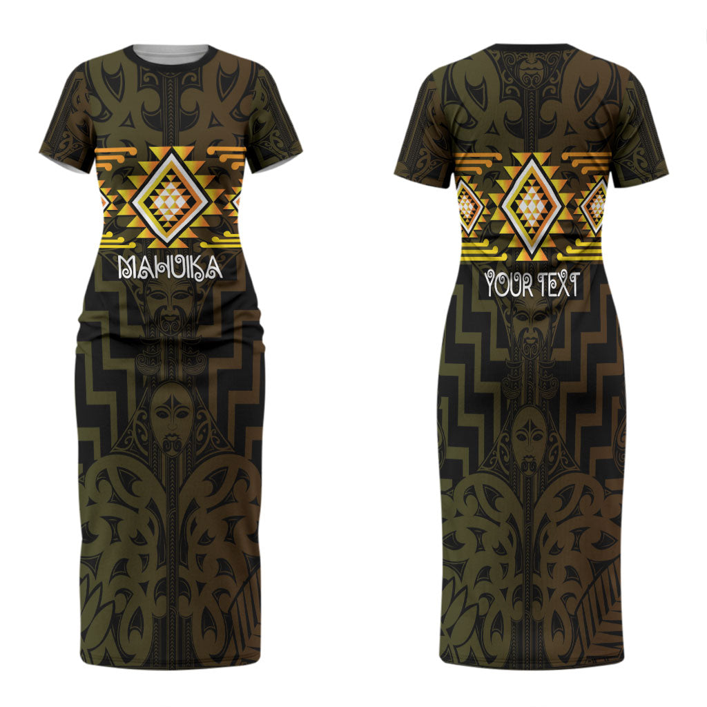 Aotearoa Atua Mahuika Personalised Family Matching Short Sleeve Bodycon Dress and Hawaiian Shirt Maori Goddess Of Fire Taniko Motifs LT14 Mom's Dress Yellow - Polynesian Pride