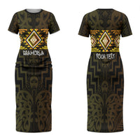 Aotearoa Atua Mahuika Personalised Family Matching Short Sleeve Bodycon Dress and Hawaiian Shirt Maori Goddess Of Fire Taniko Motifs LT14 Mom's Dress Yellow - Polynesian Pride