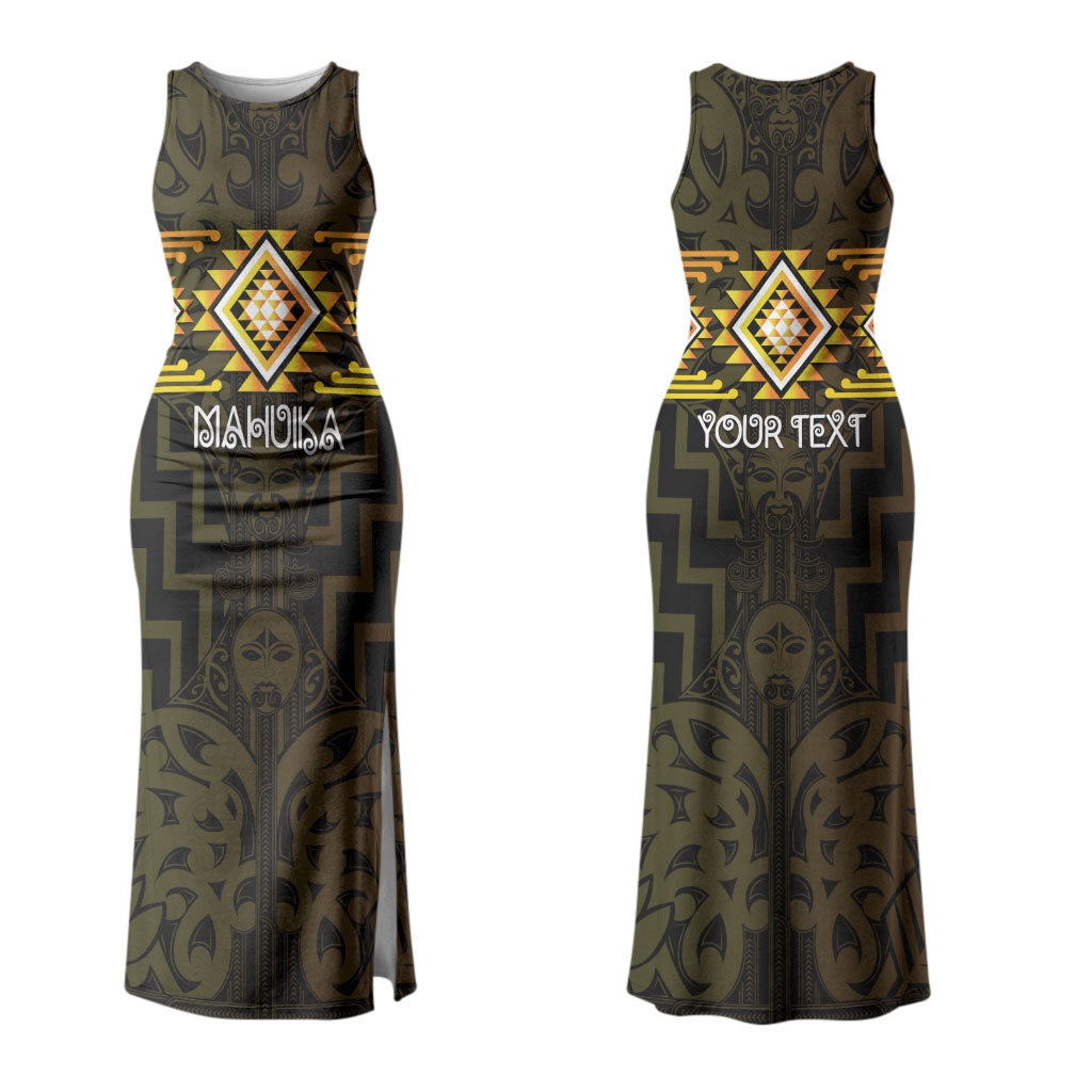 Aotearoa Atua Mahuika Personalised Family Matching Tank Maxi Dress and Hawaiian Shirt Maori Goddess Of Fire Taniko Motifs LT14 Mom's Dress Yellow - Polynesian Pride
