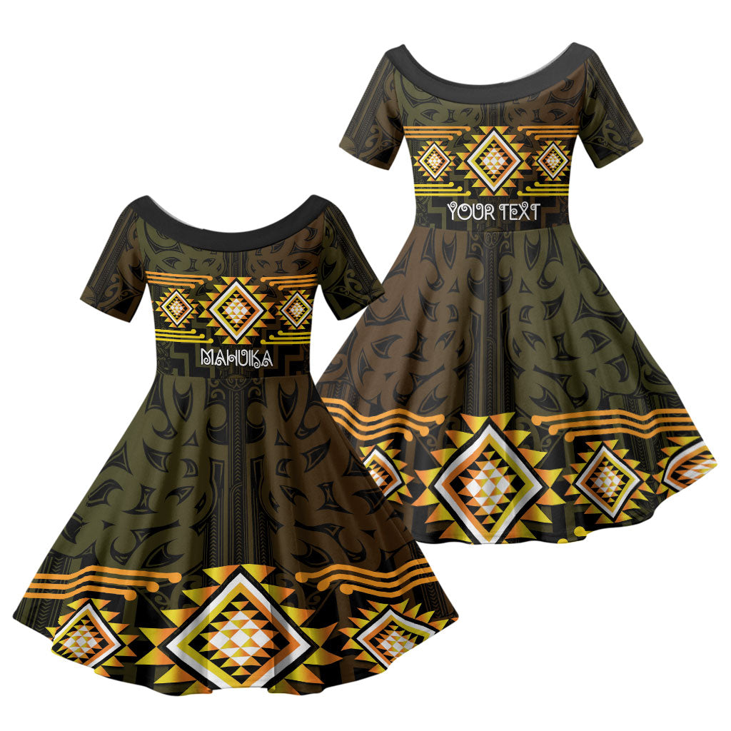 Aotearoa Atua Mahuika Personalised Family Matching Tank Maxi Dress and Hawaiian Shirt Maori Goddess Of Fire Taniko Motifs LT14 Daughter's Dress Yellow - Polynesian Pride