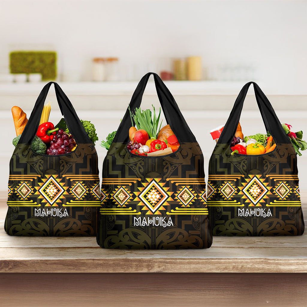 Aotearoa Atua Mahuika Grocery Bag Maori Goddess Of Fire Taniko Motifs LT14 3-pack One Size Yellow - Polynesian Pride