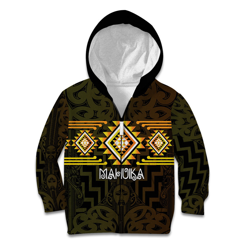 Aotearoa Atua Mahuika Personalised Kid Hoodie Maori Goddess Of Fire Taniko Motifs LT14 Zip Hoodie Yellow - Polynesian Pride